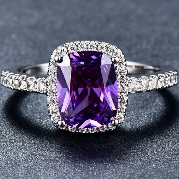 Jewelry - Purple Amethyst Rectangular Halo Silver Ring